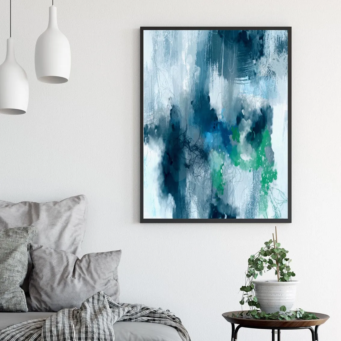 Vertical blue & green abstract wall art print