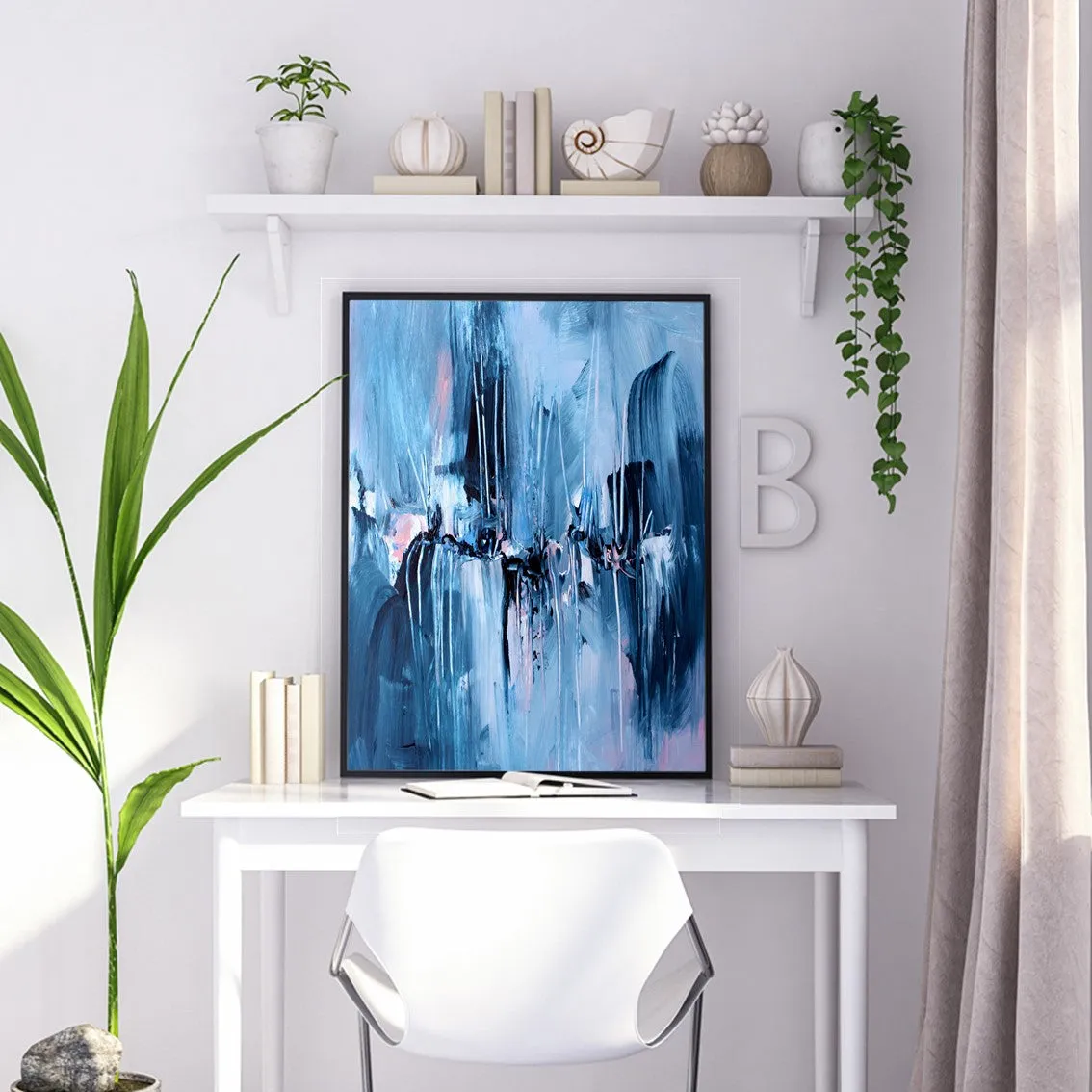 Vertical blue & pink abstract wall art print