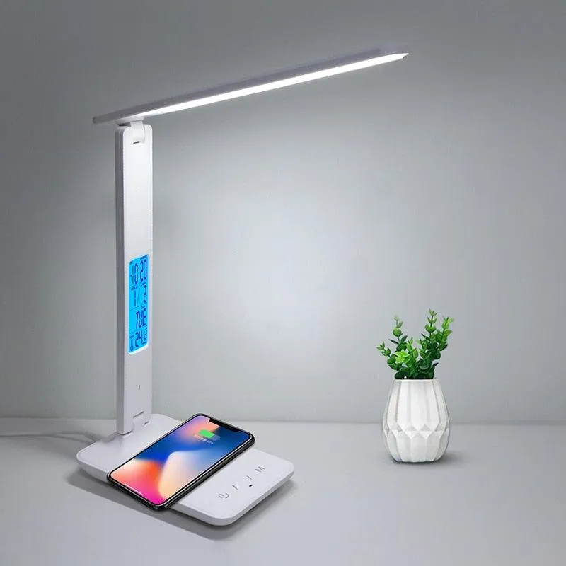 Wireless Charging LED Desk Lamp With Calendar Temperature Alarm Clock