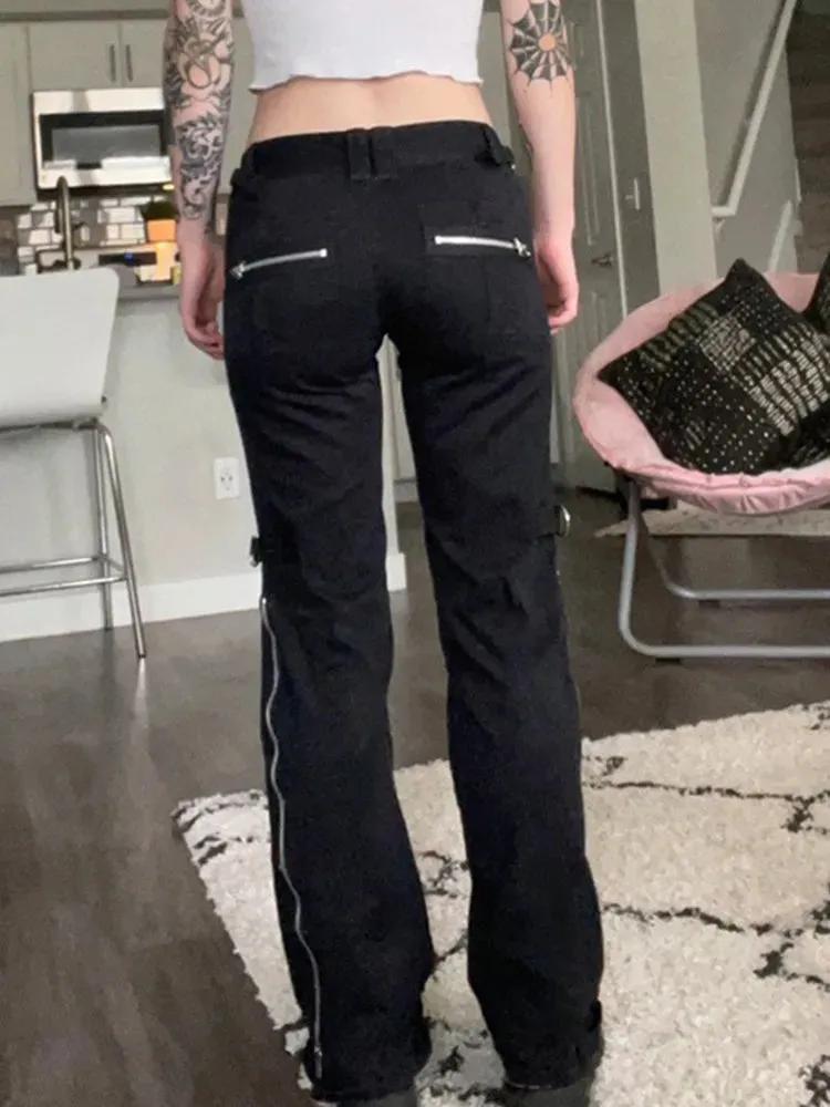 Yangelo Dark Punk Y2k Grunge Low Waist Emo Jeans Mall Gothic Women Black Patchwork Electro Pants Fashion Streetwear Alt Clothes