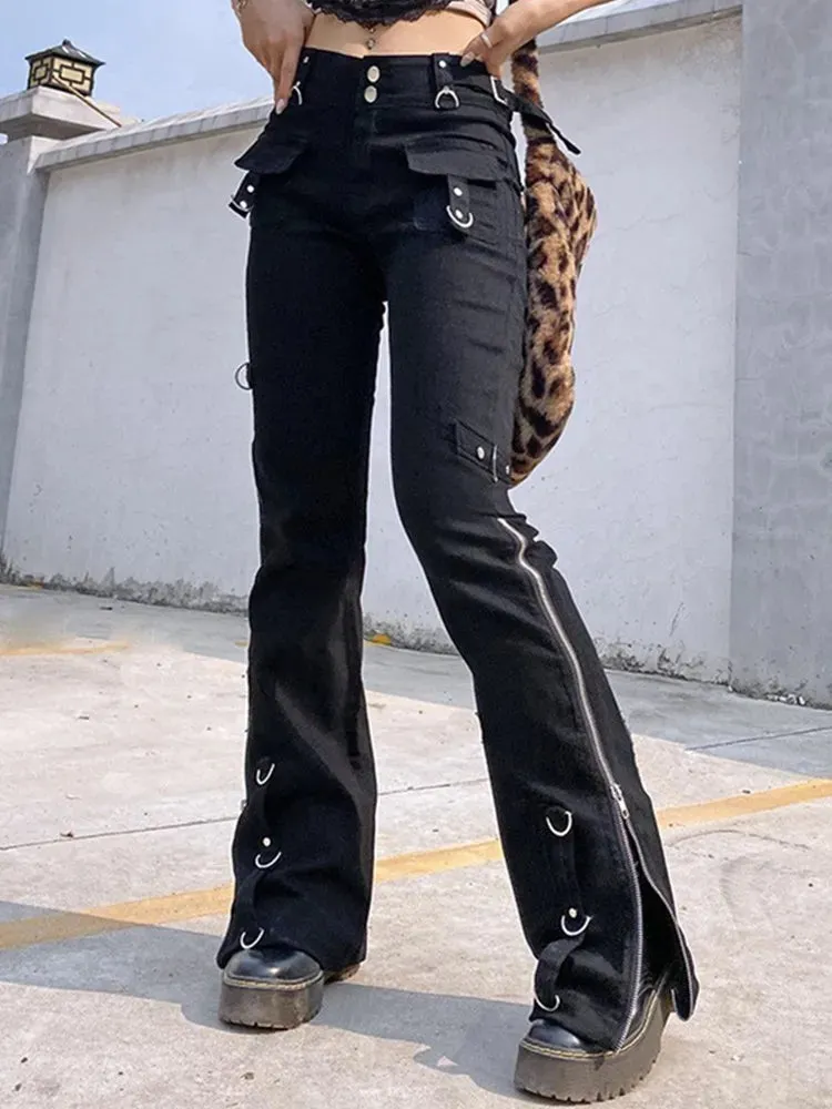 Yangelo Dark Punk Y2k Grunge Low Waist Emo Jeans Mall Gothic Women Black Patchwork Electro Pants Fashion Streetwear Alt Clothes