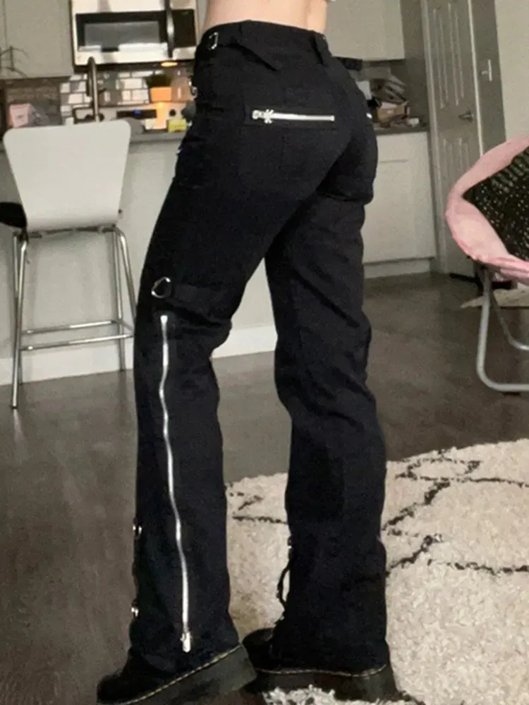 Yangelo Dark Punk Y2k Grunge Low Waist Emo Jeans Mall Gothic Women Black Patchwork Electro Pants Fashion Streetwear Alt Clothes